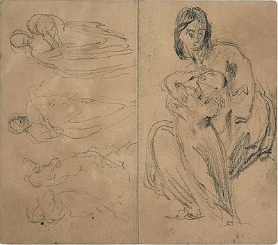Schetsen: Vier figuren en zittende moeder en kind (recto); zittende moeder en kind (verso) door Jean Baptiste Carpeaux