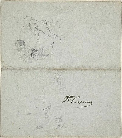 Schetsen van twee kinderen, boten op zee (recto); schetsen van stappend mannelijk figuur die staf vasthoudt en kustgezicht (verso) door Jean Baptiste Carpeaux
