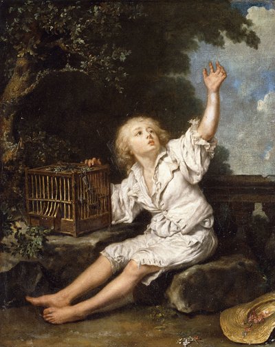 Een jongen met een lege vogelkooi door Jean Baptiste Charpentier