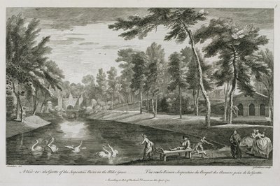 Een Uitzicht op de Grot van de Serpentine Rivier in het Elzenbos bij Stowe, 1753, gegraveerd door George Bickham door Jean Baptiste Claude Chatelain