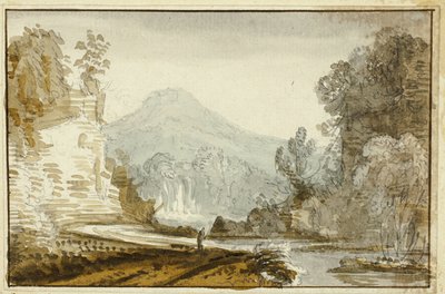 Figuur van rivier onder klif door Jean Baptiste Claude Chatelain
