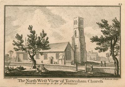 Het noordwestelijke uitzicht van Tottenham Church, Londen door Jean Baptiste Claude Chatelain