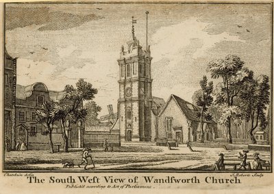 Het zuidwestelijke uitzicht van de Wandsworth Kerk door Jean Baptiste Claude Chatelain