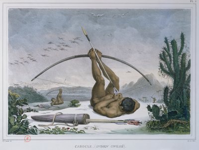 Cabocle Indiaan die vogels jaagt met een boog en pijl, uit Voyage Pittoresque et Historique au Bresil, gepubliceerd in 1839 door Jean Baptiste Debret
