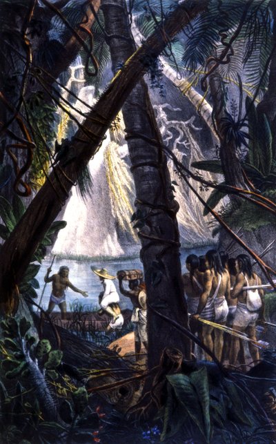 Goyana indianen in het Amazonewoud. Lithografie 1839 door Jean Baptiste Debret