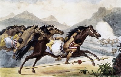 Guaycuru-indianen te paard, uit Picturesque and Historic Voyage to Brazil, Brazilië door Jean Baptiste Debret