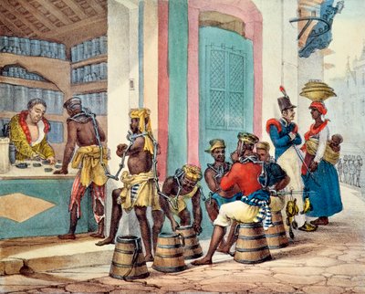 Geketende slaven kopen tabak bij een Tabakswinkel in Rio de Janeiro, 1835 door Jean Baptiste Debret