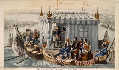 Ontmoeting van Keizers Alexander I van Rusland en Napoleon I van Frankrijk bij de Neman nabij Tilsit in juli door Jean Baptiste Debret