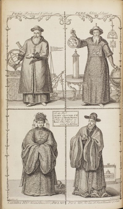 Portretten van Ferdinand Verbiest, Adam Schall, Candida Xu en Xu Guangqi uit een beschrijving van de e door Jean Baptiste Du Halde