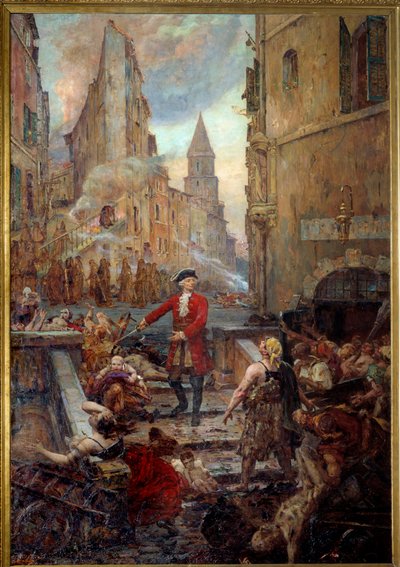 De ridder Roze bij de Montée des Aroules in Marseille. Nicola Roze (1675-1733) bevrijdt de wijk Armoules in Marseille van de lijken van de pestlijders tijdens de grote pest van 1720. Schilderij door Jean-Baptiste Duffaud (1852-1927) door Jean Baptiste Duffaud