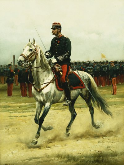 Een cavalerieofficier die troepen passeert door Jean Baptiste Edouard Detaille