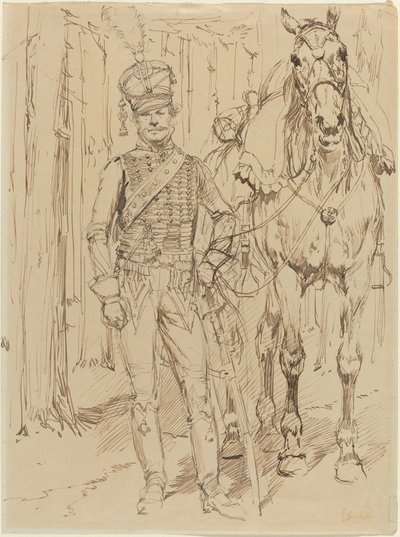 Een Franse Huzaar die een Paard Leidt door Jean Baptiste Edouard Detaille