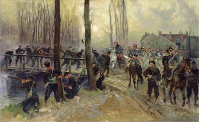Hinderlaag bij een brug verdedigd door troepen, vroege ochtend, 1870 door Jean Baptiste Edouard Detaille