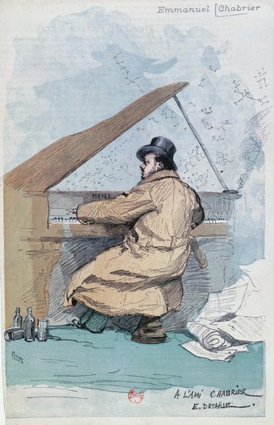 Gekleurde gravure van Franse componist Emmanuel Chabrier door Jean Baptiste Edouard Detaille