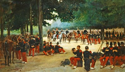 Infanterieregiment ontspant zich in het Bois de Boulogne tijdens een review, ca. 1885 door Jean Baptiste Edouard Detaille