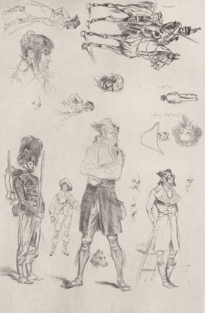Blad met schetsen Feuille de Croquis door Jean Baptiste Edouard Detaille