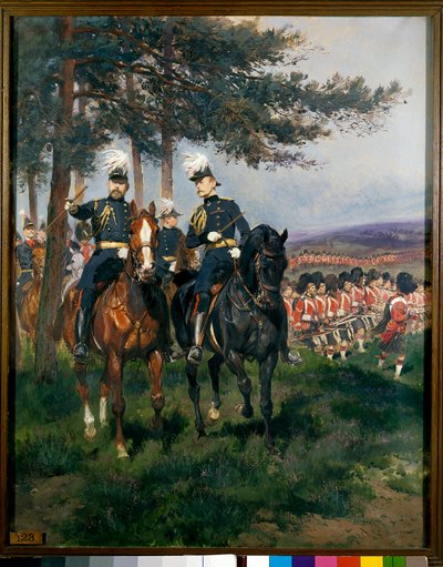 De Prins van Wales en de Hertog Arthur van Connaught bij de Manoeuvres van Aldershot door Jean Baptiste Edouard Detaille