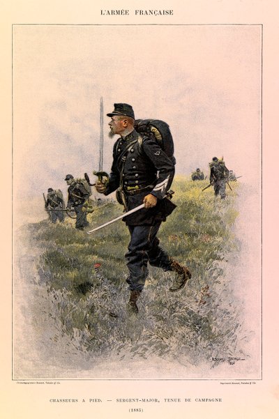 Types en uniformen van het Franse leger van kapitein Jules Richard, geïllustreerd door Edouard Detaille (1848-1912): Voetjagers: Sergeant-majoor in veldtenue in 1885, Privécollectie door Jean Baptiste Edouard Detaille