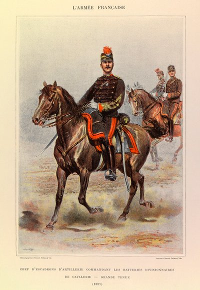 Types en uniformen van het Franse leger van kapitein Jules Richard, geïllustreerd door Edouard Detaille (1848-1912): Chef van het artilleriesquadron die de divisie cavaleriebatterijen in groot tenue in 1887 beveelt, Privécollectie door Jean Baptiste Edouard Detaille