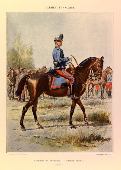 Typen en uniformen van het Franse leger van Kapitein Jules Richard, geïllustreerd door Edouard Detaille: Officier van de Huzaren in grote tenue in 1886, Privécollectie door Jean Baptiste Edouard Detaille