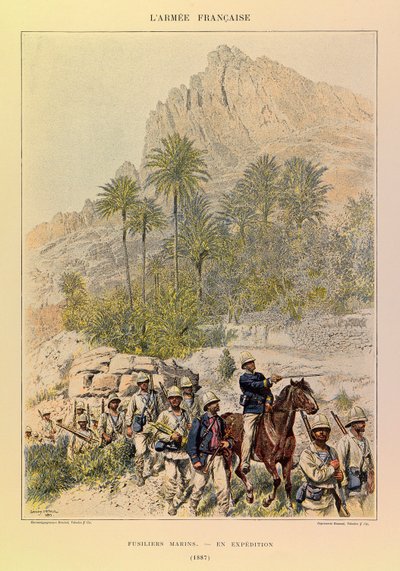 Types en uniformen van het Franse leger van Kapitein Jules Richard, geïllustreerd door Edouard Detaille: Fusiliers Marins op expeditie in 1887 door Jean Baptiste Edouard Detaille