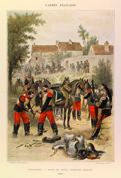 Types en uniformen van het Franse leger van Kapitein Jules Richard, geïllustreerd door Edouard Detaille: Cuirassiers; Wegbehandeling; Marechal Ferrant in 1886 door Jean Baptiste Edouard Detaille