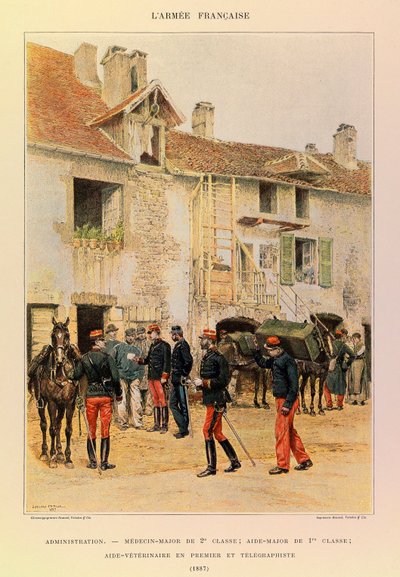 Typen en uniformen van het Franse leger van kapitein Jules Richard, geïllustreerd door Edouard Detaille (1848-1912): Administratie: Medicin Major van 2e klasse; Aide Major van 1e klasse; Veterinaire Aide Eerste en Telegraaf in 1887, Privécollectie door Jean Baptiste Edouard Detaille