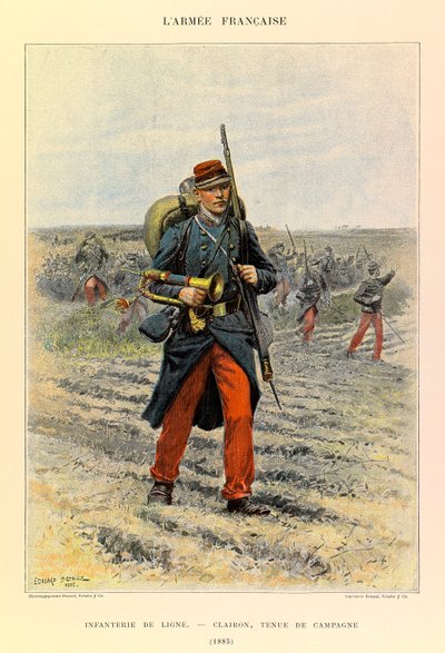 Types en uniformen van het Franse leger van kapitein Jules Richard, geïllustreerd door Edouard Detaille: Infanterie; Clairon in veldkleding in 1885 door Jean Baptiste Edouard Detaille