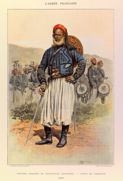 Typen en uniformen van het Franse leger van Kapitein Jules Richard, geïllustreerd door Edouard Detaille (1848-1912): Inheemse Officier van Algerijnse Tuniors in Veldkleding in 1886, Privécollectie door Jean Baptiste Edouard Detaille