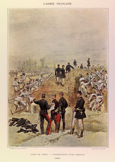 Types en uniformen van het Franse leger van kapitein Jules Richard, geïllustreerd door Edouard Detaille (1848-1912): Corps de Genie; Bouw van een redoute in 1886, Privécollectie door Jean Baptiste Edouard Detaille
