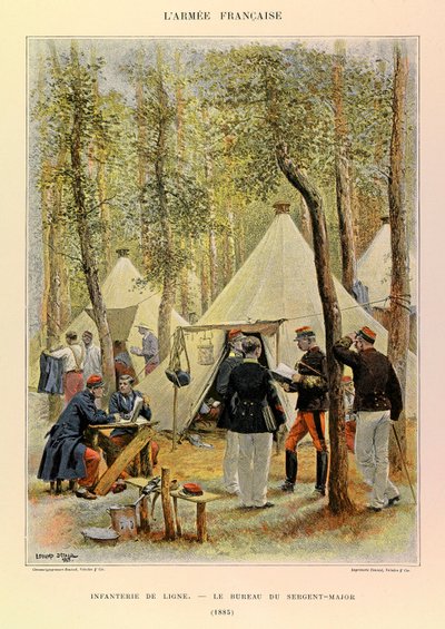 Types en uniformen van het Franse leger van kapitein Jules Richard, geïllustreerd door Edouard Detaille (1848-1912): Linie-infanterie: Het kantoor van de sergeant-majoor in 1885, Privécollectie door Jean Baptiste Edouard Detaille
