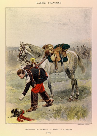 Typen en uniformen van het Franse leger van kapitein Jules Richard, geïllustreerd door Edouard Detaille: Trompetter van de Draken in velduniform in 1885, privécollectie door Jean Baptiste Edouard Detaille