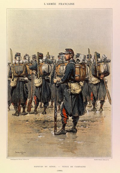 Typen en uniformen van het Franse leger van Kapitein Jules Richard, geïllustreerd door Edouard Detaille: Sappeur van de Genie in veldtenue in 1886, Privécollectie door Jean Baptiste Edouard Detaille