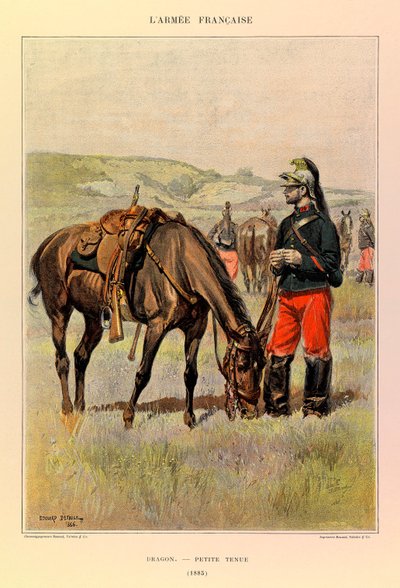 Typen en uniformen van het Franse leger van Kapitein Jules Richard, geïllustreerd door Edouard Detaille: Dragon in kleine outfit in 1885, Privécollectie door Jean Baptiste Edouard Detaille