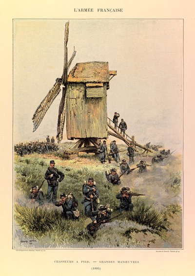 Typen en uniformen van het Franse leger van Kapitein Jules Richard, geïllustreerd door Edouard Detaille: Jagers te voet; de grote manoeuvres in 1885, Privécollectie door Jean Baptiste Edouard Detaille