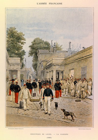 Typen en uniformen van het Franse leger van Kapitein Jules Richard, geïllustreerd door Edouard Detaille: Linie-infanterie: De kazerne in 1885, Privécollectie door Jean Baptiste Edouard Detaille