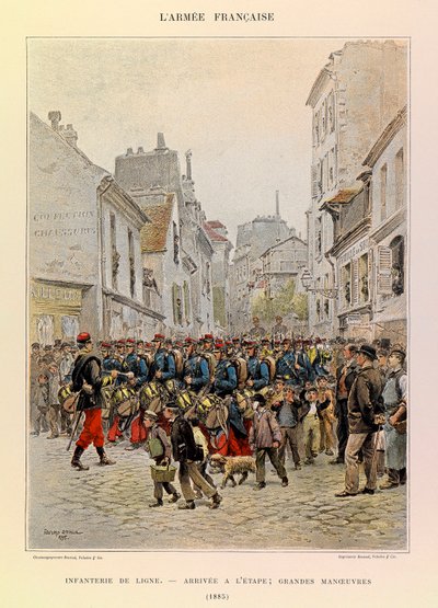 Typen en uniformen van het Franse leger van Kapitein Jules Richard, geïllustreerd door Edouard Detaille: Linie-infanterie: Aankomst op het toneel tijdens de grote manoeuvres in 1885, Privécollectie door Jean Baptiste Edouard Detaille