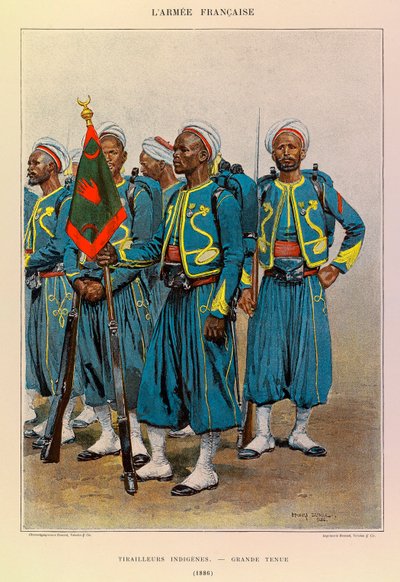 Typen en uniformen van het Franse leger van kapitein Jules Richard, geïllustreerd door Edouard Detaille (1848-1912): Inheemse Tirailleurs in grote uitrusting in 1886, Privécollectie door Jean Baptiste Edouard Detaille