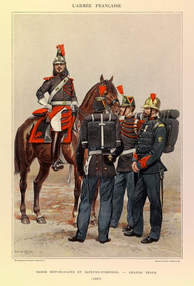 Typen en uniformen van het Franse leger van Kapitein Jules Richard, geïllustreerd door Edouard Detaille (1848-1912): Republikeinse Garde en Brandweerlieden in Grote Uitrusting in 1887, Privécollectie door Jean Baptiste Edouard Detaille
