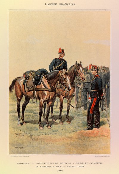 Typen en uniformen van het Franse leger van Kapitein Jules Richard, geïllustreerd door Edouard Detaille (1848-1912): Artillerie: Onderofficieren van batterijen te paard en kanonniers van batterij te voet in grote kledij in 1886, Privécollectie door Jean Baptiste Edouard Detaille