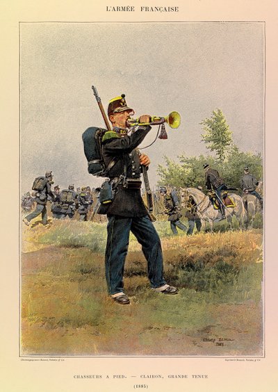 Typen en uniformen van het Franse leger van Kapitein Jules Richard, geïllustreerd door Edouard Detaille (1848-1912): Jagers te voet: Hoornblazer in grote kledij in 1885, Privécollectie door Jean Baptiste Edouard Detaille
