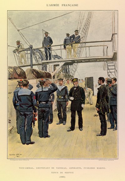 Typen en uniformen van het Franse leger van kapitein Jules Richard, geïllustreerd door Edouard Detaille (1848-1912): Marine: Vice-admiraal, luitenant van schip, aspiranten, mariniers in dienstkleding in 1885, Privécollectie door Jean Baptiste Edouard Detaille