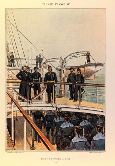 Typen en uniformen van het Franse leger van kapitein Jules Richard, geïllustreerd door Edouard Detaille (1848-1912): Marine: Eerbetoon aan boord in 1887, Privécollectie door Jean Baptiste Edouard Detaille