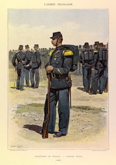 Typen en uniformen van het Franse leger van Kapitein Jules Richard, geïllustreerd door Edouard Detaille (1848-1912): Infanterie van de Marine in Grote Kleding in 1887, Privécollectie door Jean Baptiste Edouard Detaille