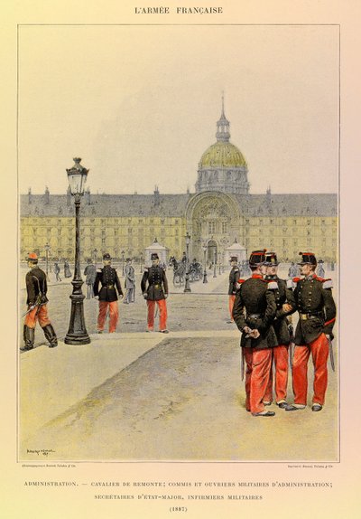 Typen en uniformen van het Franse leger van Kapitein Jules Richard, geïllustreerd door Edouard Detaille (1848-1912): Administratie: Ruiter, militaire klerk en administratieve medewerkers, stafsecretarissen, militaire verpleegsters in 1887, Privécollectie door Jean Baptiste Edouard Detaille