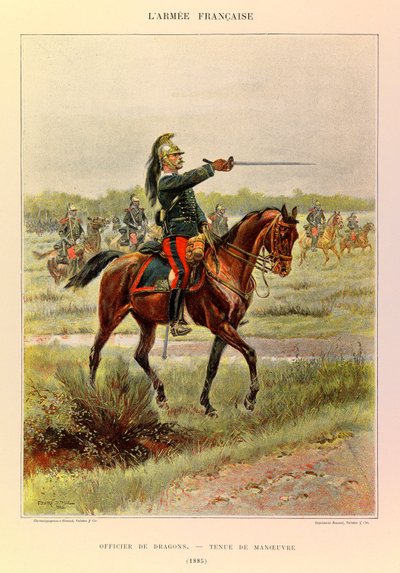 Typen en uniformen van het Franse leger van Kapitein Jules Richard, geïllustreerd door Edouard Detaille (1848-1912): Officier van Draken in manoeuvrepak in 1885, Privécollectie door Jean Baptiste Edouard Detaille