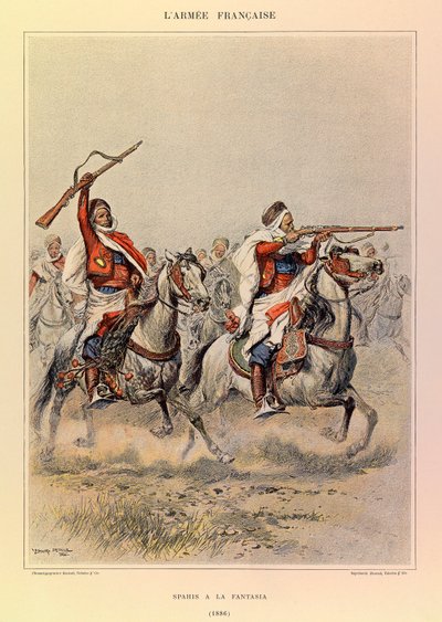 Types en uniformen van het Franse leger van kapitein Jules Richard, geïllustreerd door Edouard Detaille (1848-1912): Spahis bij de Fantasia in 1886, Privécollectie door Jean Baptiste Edouard Detaille