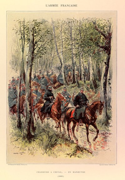 Types en uniformen van het Franse leger van kapitein Jules Richard, geïllustreerd door Edouard Detaille (1848-1912): Jagers te paard in manoeuvre in 1885, Privécollectie door Jean Baptiste Edouard Detaille