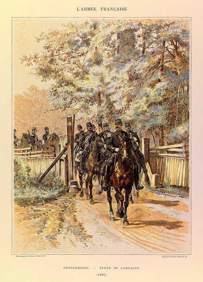 Typen en uniformen van het Franse leger van kapitein Jules Richard, geïllustreerd door Edouard Detaille: Gendarmerie in velduniform in 1887, privécollectie door Jean Baptiste Edouard Detaille