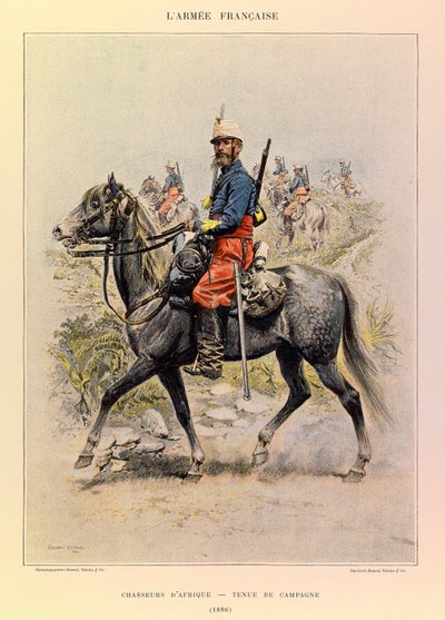 Typen en uniformen van het Franse leger van kapitein Jules Richard, geïllustreerd door Edouard Detaille: Jagers van Afrika in velduniform in 1886, privécollectie door Jean Baptiste Edouard Detaille